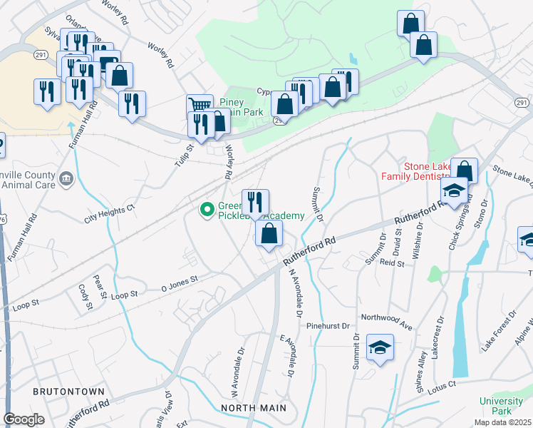 map of restaurants, bars, coffee shops, grocery stores, and more near 22 Graves Drive in Greenville