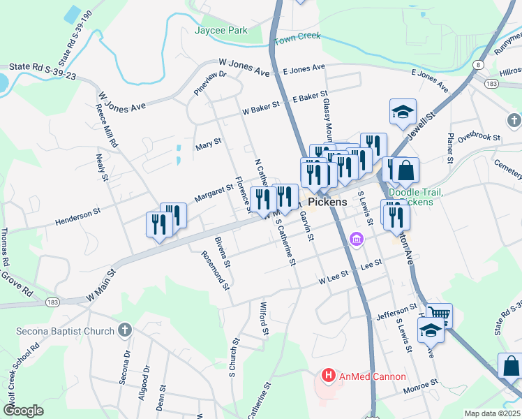 map of restaurants, bars, coffee shops, grocery stores, and more near 213 West Main Street in Pickens