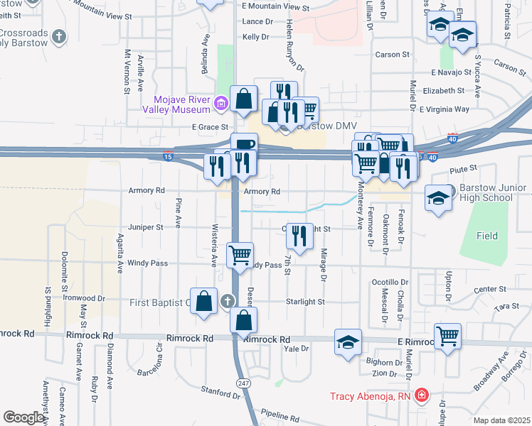 map of restaurants, bars, coffee shops, grocery stores, and more near 581 Candlelight Street in Barstow