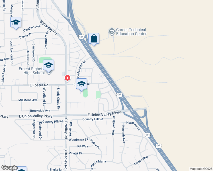 map of restaurants, bars, coffee shops, grocery stores, and more near 1373 Fountain Drive in Santa Maria