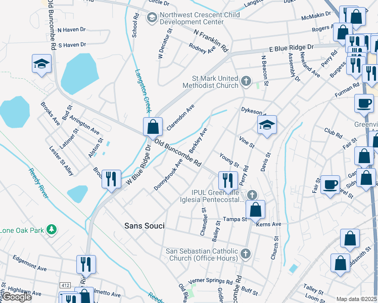 map of restaurants, bars, coffee shops, grocery stores, and more near 3112 Old Buncombe Road in Greenville