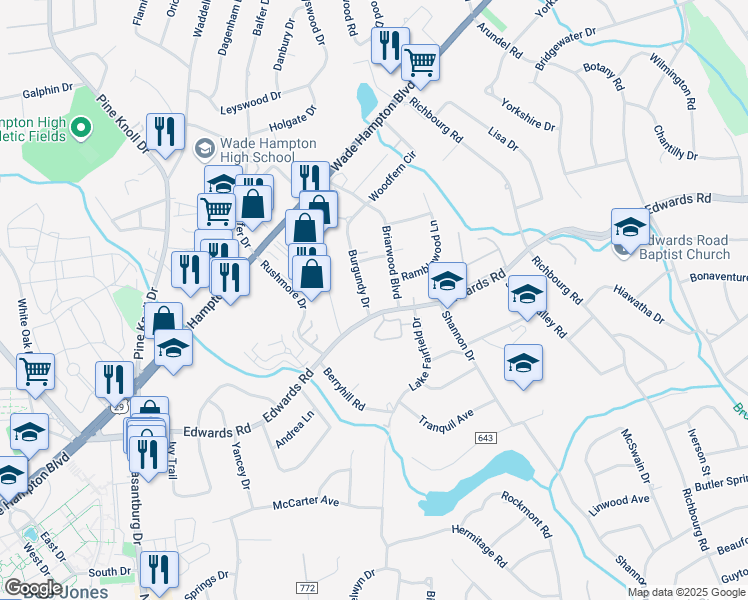 map of restaurants, bars, coffee shops, grocery stores, and more near 702 Edwards Road in Greenville