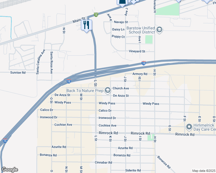 map of restaurants, bars, coffee shops, grocery stores, and more near Church Street in Barstow