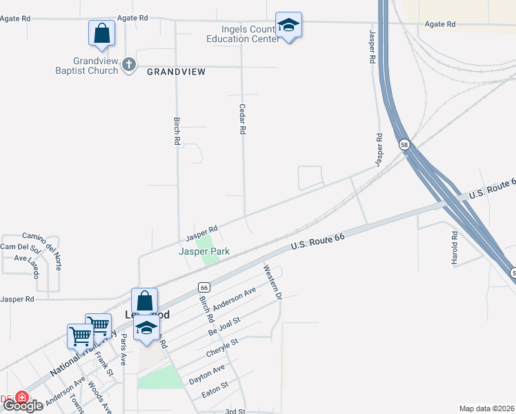 map of restaurants, bars, coffee shops, grocery stores, and more near 25607 Jasper Road in Barstow