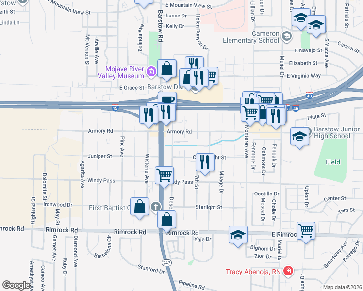 map of restaurants, bars, coffee shops, grocery stores, and more near 581 Candlelight Street in Barstow
