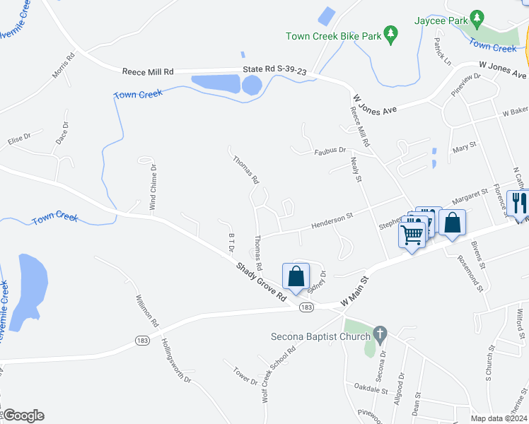 map of restaurants, bars, coffee shops, grocery stores, and more near 406 Henderson Street in Pickens