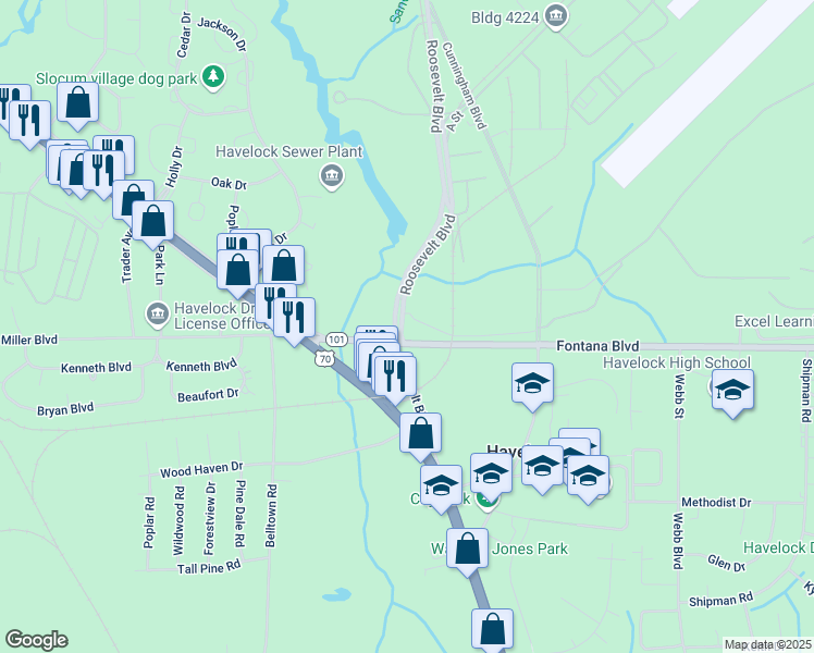 map of restaurants, bars, coffee shops, grocery stores, and more near 100 Roosevelt Boulevard in Havelock