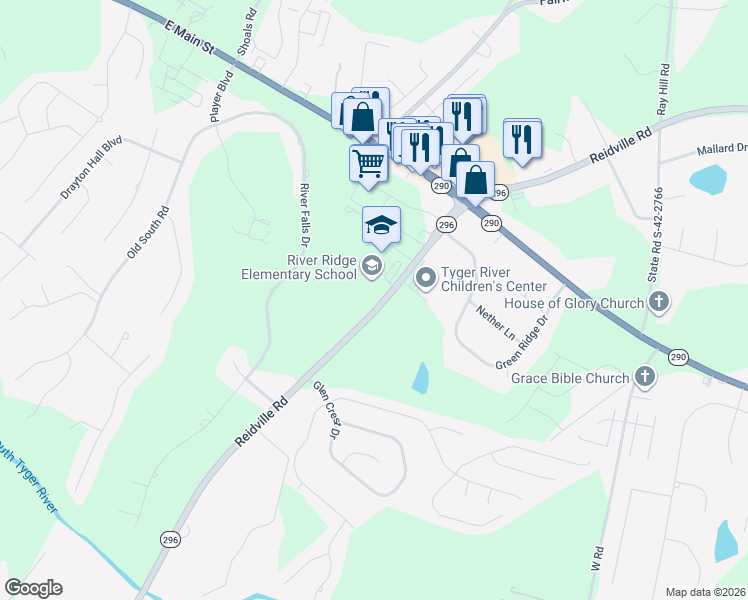 map of restaurants, bars, coffee shops, grocery stores, and more near 6043-6075 Reidville Road in Moore
