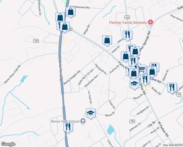 map of restaurants, bars, coffee shops, grocery stores, and more near 18 Whyteman Road in Greenville