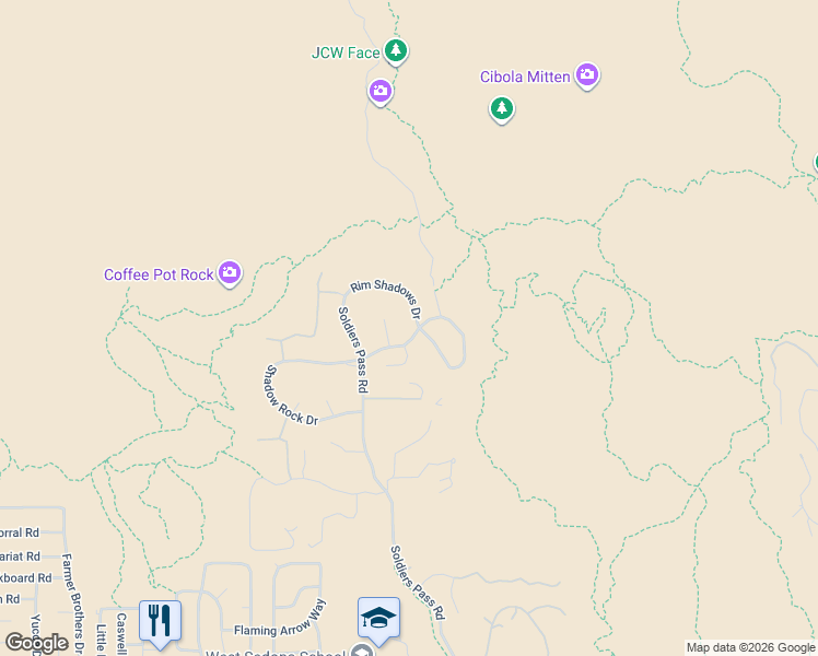 map of restaurants, bars, coffee shops, grocery stores, and more near 24 Pinon Shadows Circle in Sedona