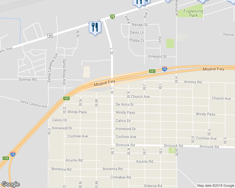 map of restaurants, bars, coffee shops, grocery stores, and more near Church Street in Barstow