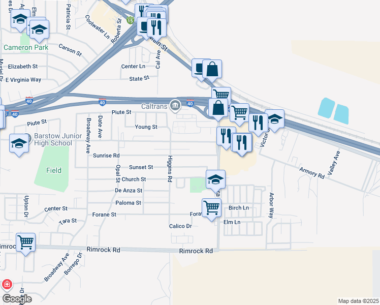 map of restaurants, bars, coffee shops, grocery stores, and more near 1837 Sunrise Road in Barstow