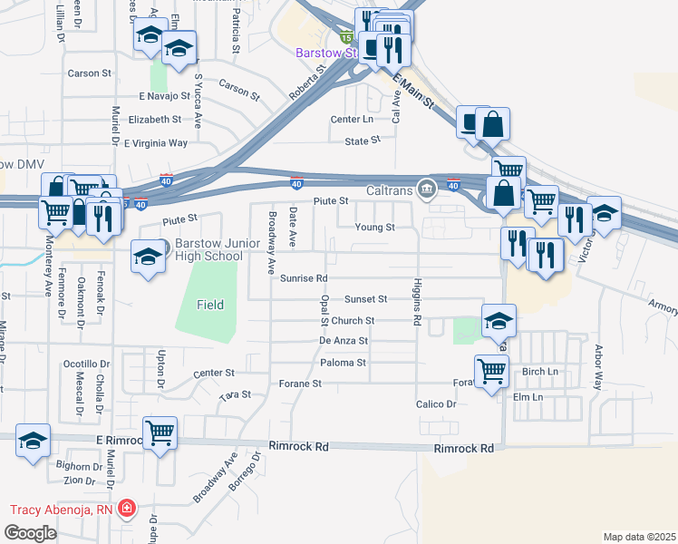 map of restaurants, bars, coffee shops, grocery stores, and more near 1613 Sunrise Road in Barstow
