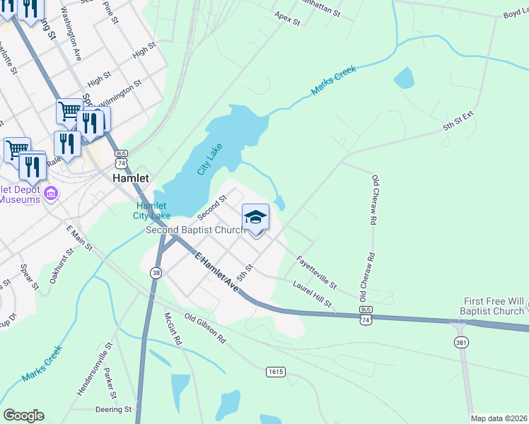map of restaurants, bars, coffee shops, grocery stores, and more near 305 Fayetteville Street in Hamlet