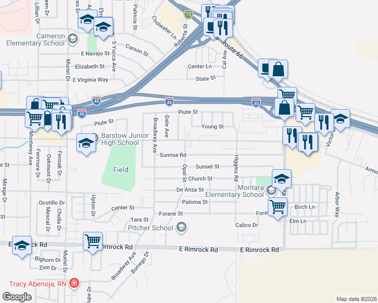 map of restaurants, bars, coffee shops, grocery stores, and more near 1605 Sunrise Road in Barstow