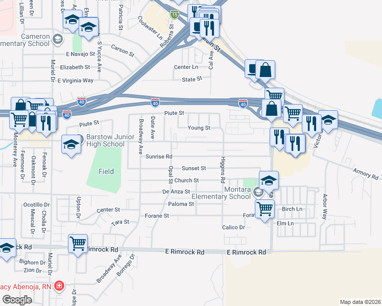 map of restaurants, bars, coffee shops, grocery stores, and more near 1645 Sunset Street in Barstow