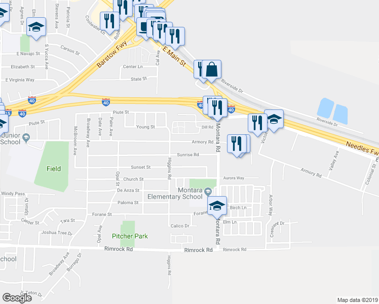 map of restaurants, bars, coffee shops, grocery stores, and more near 1905 Sunset Street in Barstow