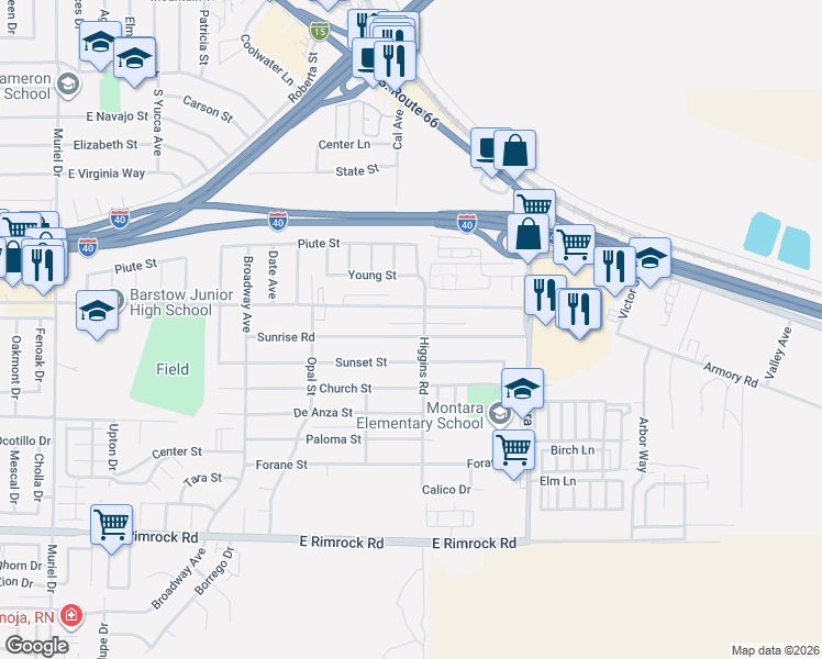 map of restaurants, bars, coffee shops, grocery stores, and more near 1733 Sunset Street in Barstow