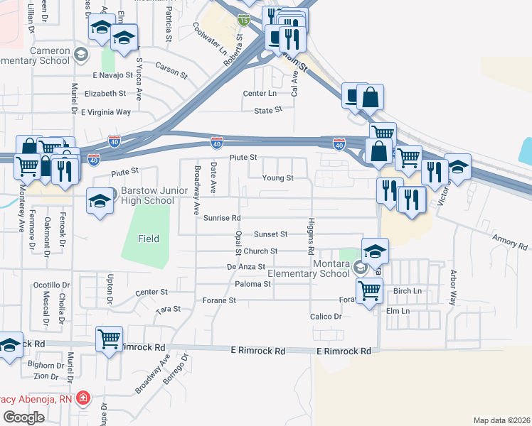 map of restaurants, bars, coffee shops, grocery stores, and more near 1645 Sunset Street in Barstow