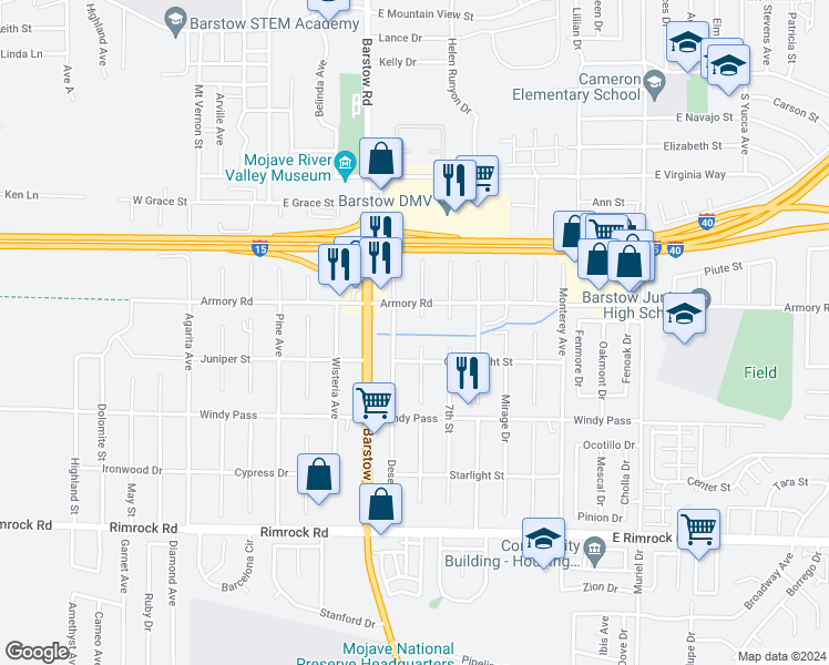 map of restaurants, bars, coffee shops, grocery stores, and more near 581 Candlelight Street in Barstow