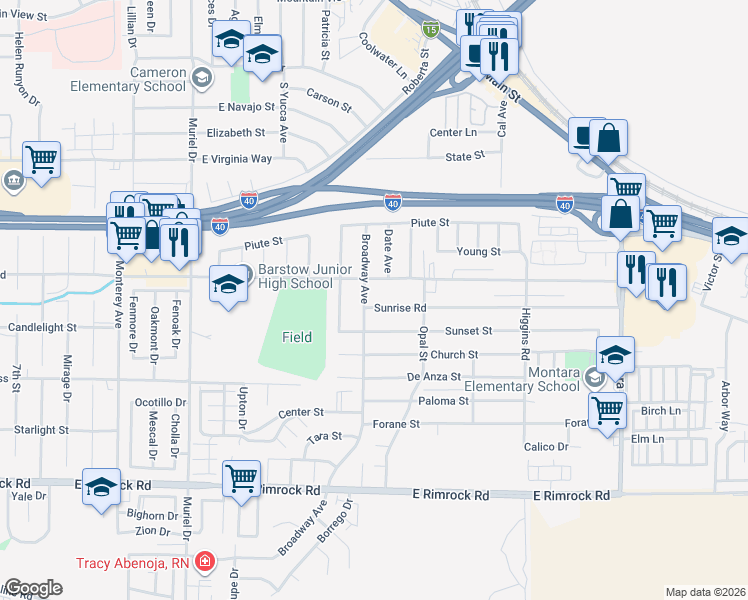 map of restaurants, bars, coffee shops, grocery stores, and more near 1501 Sunset Street in Barstow