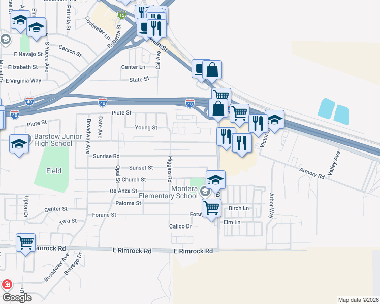 map of restaurants, bars, coffee shops, grocery stores, and more near 1905 Sunset Street in Barstow