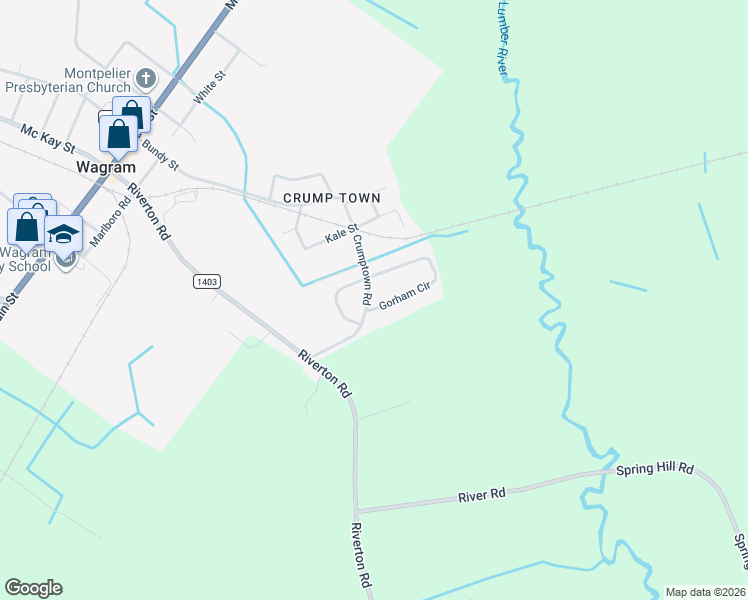 map of restaurants, bars, coffee shops, grocery stores, and more near 23981 Crumptown Road in Wagram