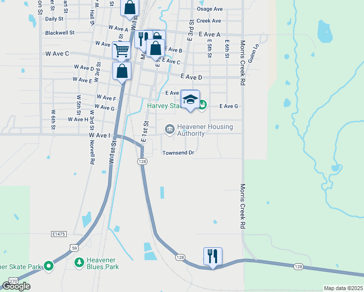 map of restaurants, bars, coffee shops, grocery stores, and more near 1110 Townsend Drive in Heavener