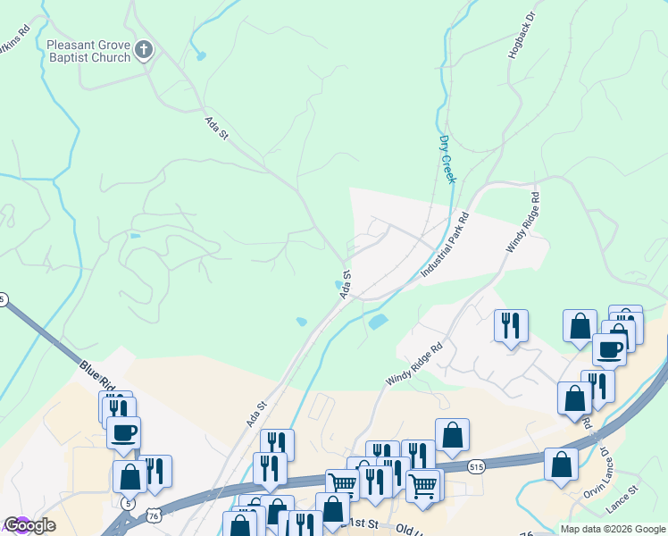 map of restaurants, bars, coffee shops, grocery stores, and more near 1230 Ada Street in Blue Ridge