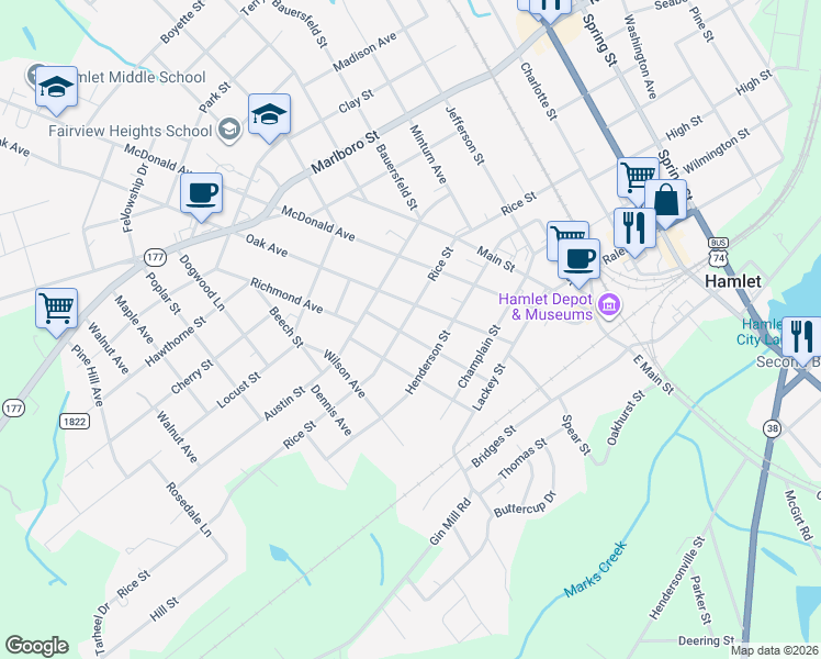 map of restaurants, bars, coffee shops, grocery stores, and more near 600 Rice Street in Hamlet