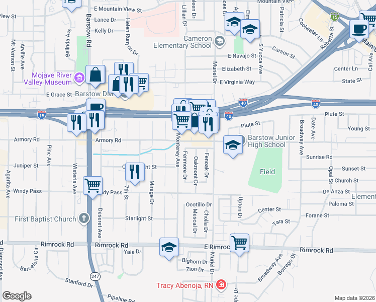 map of restaurants, bars, coffee shops, grocery stores, and more near 401 Fenmore Drive in Barstow