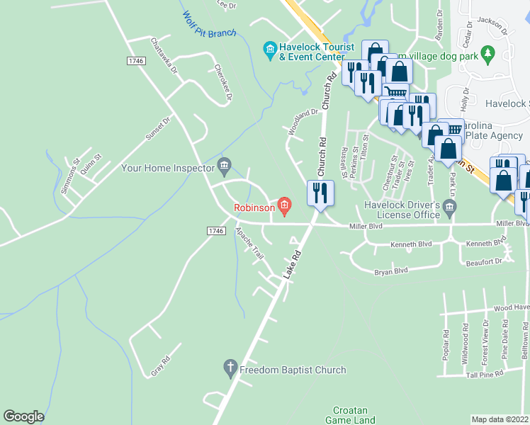 map of restaurants, bars, coffee shops, grocery stores, and more near 3 Runningbranch Drive in Havelock