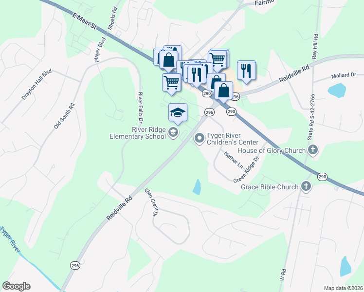map of restaurants, bars, coffee shops, grocery stores, and more near 6043 Reidville Road in Moore