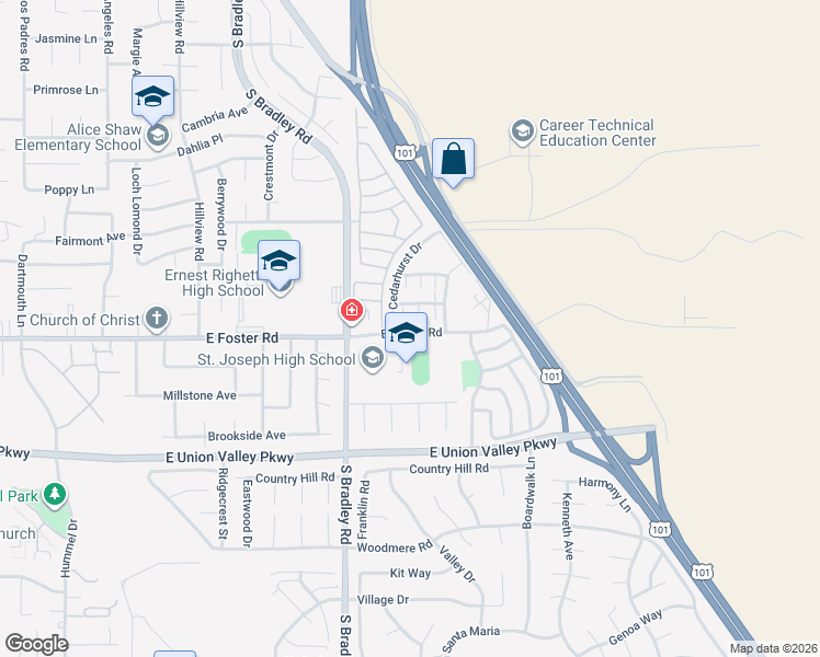 map of restaurants, bars, coffee shops, grocery stores, and more near 1180 Sumner Place in Santa Maria