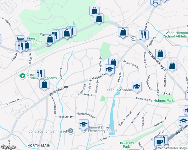 map of restaurants, bars, coffee shops, grocery stores, and more near 9 Broughton Drive in Greenville