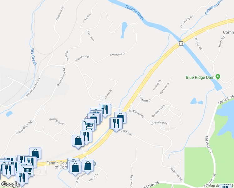 map of restaurants, bars, coffee shops, grocery stores, and more near 97 High Park Drive in Blue Ridge