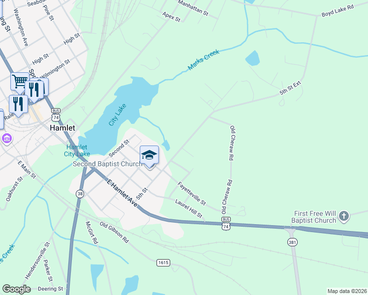 map of restaurants, bars, coffee shops, grocery stores, and more near 184 5th Street in Hamlet