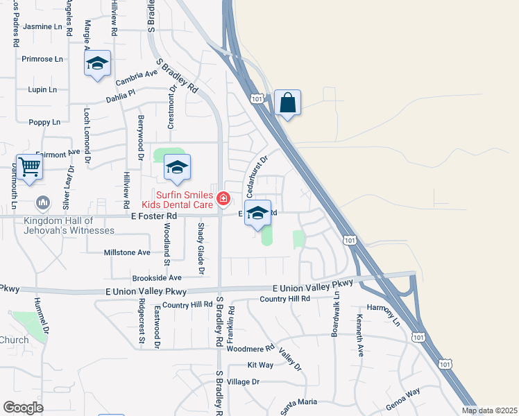 map of restaurants, bars, coffee shops, grocery stores, and more near 1153 East Foster Road in Santa Maria