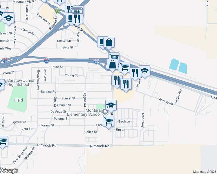 map of restaurants, bars, coffee shops, grocery stores, and more near 1928 Armory Road in Barstow