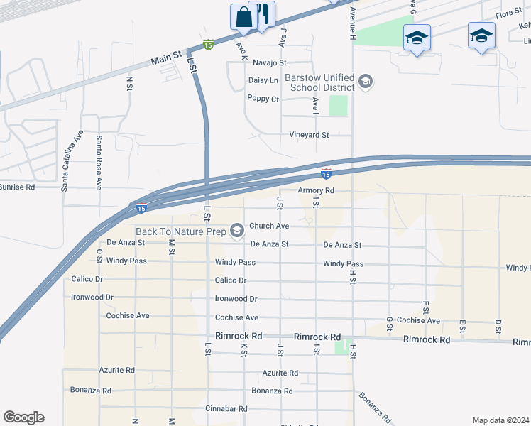 map of restaurants, bars, coffee shops, grocery stores, and more near 27878 Apache Avenue in Barstow
