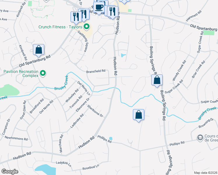 map of restaurants, bars, coffee shops, grocery stores, and more near 115 Bransfield Road in Greenville