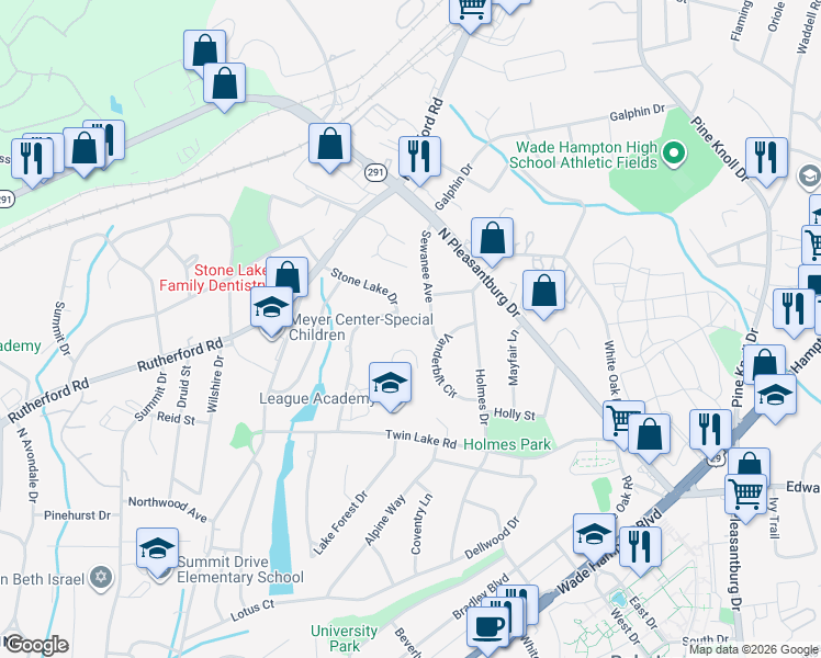 map of restaurants, bars, coffee shops, grocery stores, and more near 133 Stone Lake Drive in Greenville