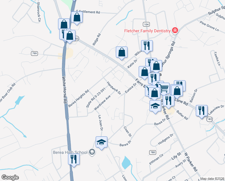 map of restaurants, bars, coffee shops, grocery stores, and more near 114 State Road S-23-591 in Greenville