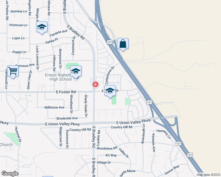 map of restaurants, bars, coffee shops, grocery stores, and more near 1153 East Foster Road in Santa Maria