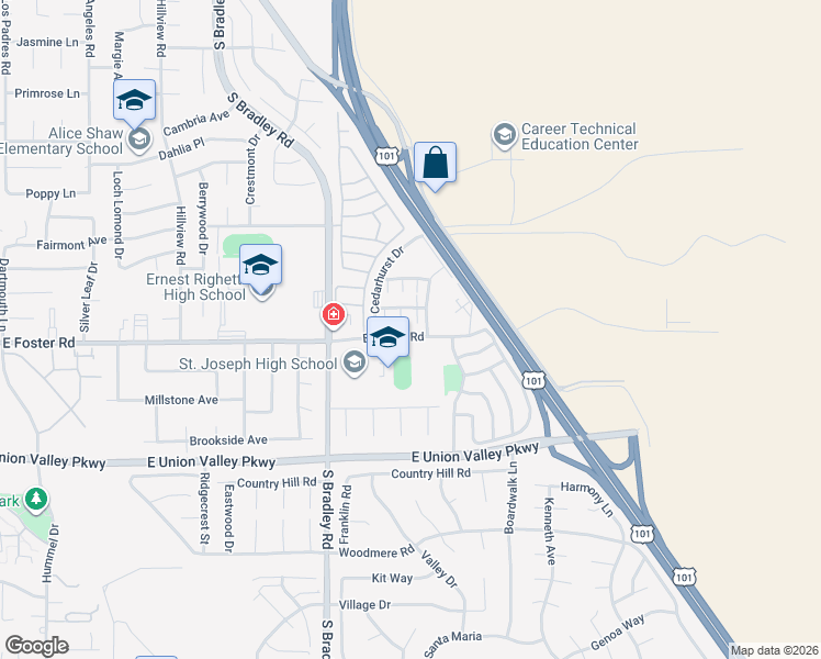 map of restaurants, bars, coffee shops, grocery stores, and more near 1180 Sumner Place in Santa Maria