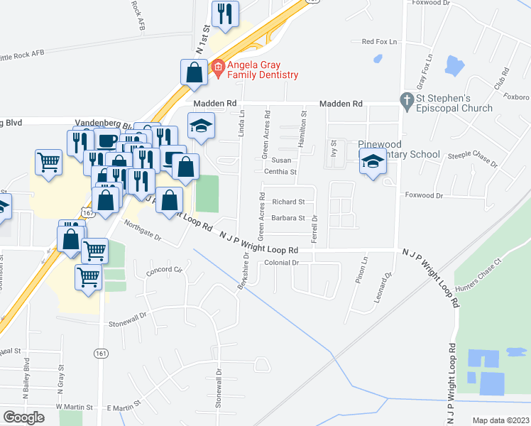 map of restaurants, bars, coffee shops, grocery stores, and more near 1901 Green Acres Road in Jacksonville