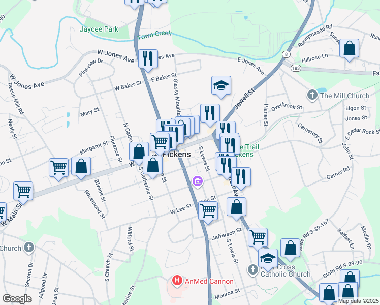 map of restaurants, bars, coffee shops, grocery stores, and more near 334 East Main Street in Pickens