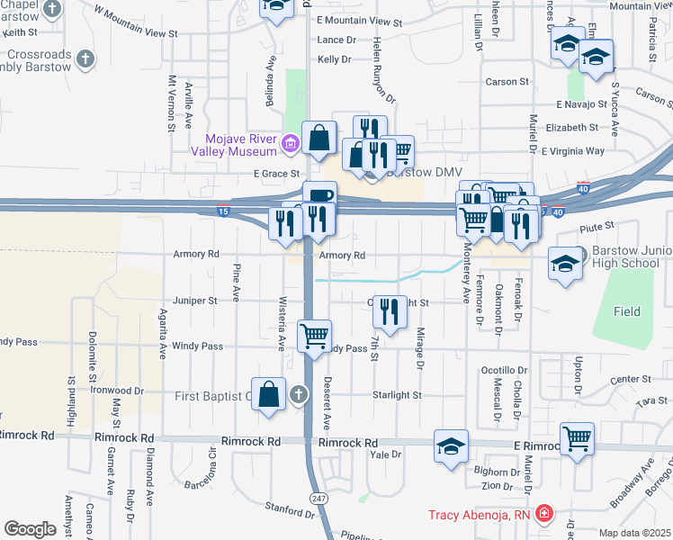 map of restaurants, bars, coffee shops, grocery stores, and more near 610 Armory Road in Barstow