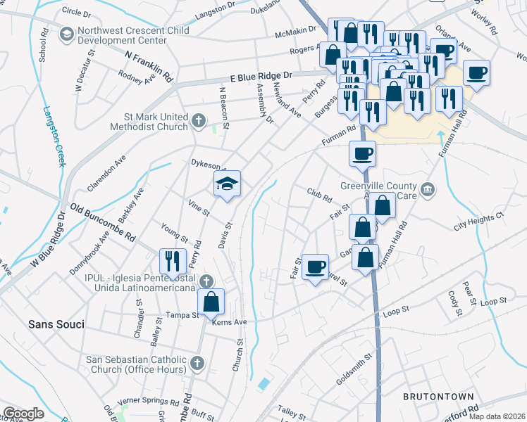 map of restaurants, bars, coffee shops, grocery stores, and more near 205 Brunswick Avenue in Greenville