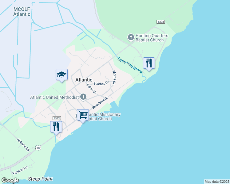 map of restaurants, bars, coffee shops, grocery stores, and more near 1074 Seashore Drive in Atlantic